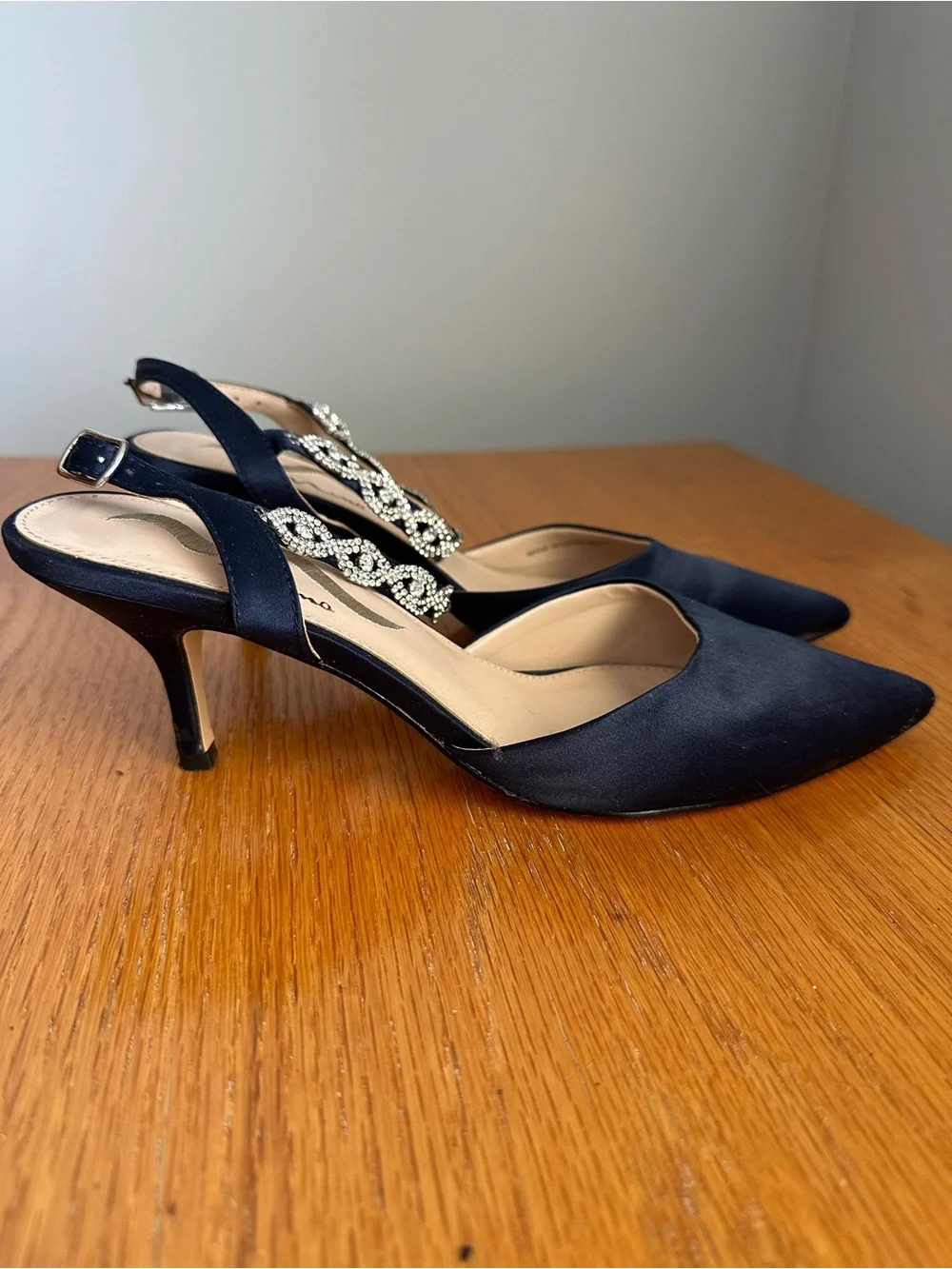 Nina Navy Pointed Toe Slingback Heels with Rhinestone T-Strap - Picture 3 of 5